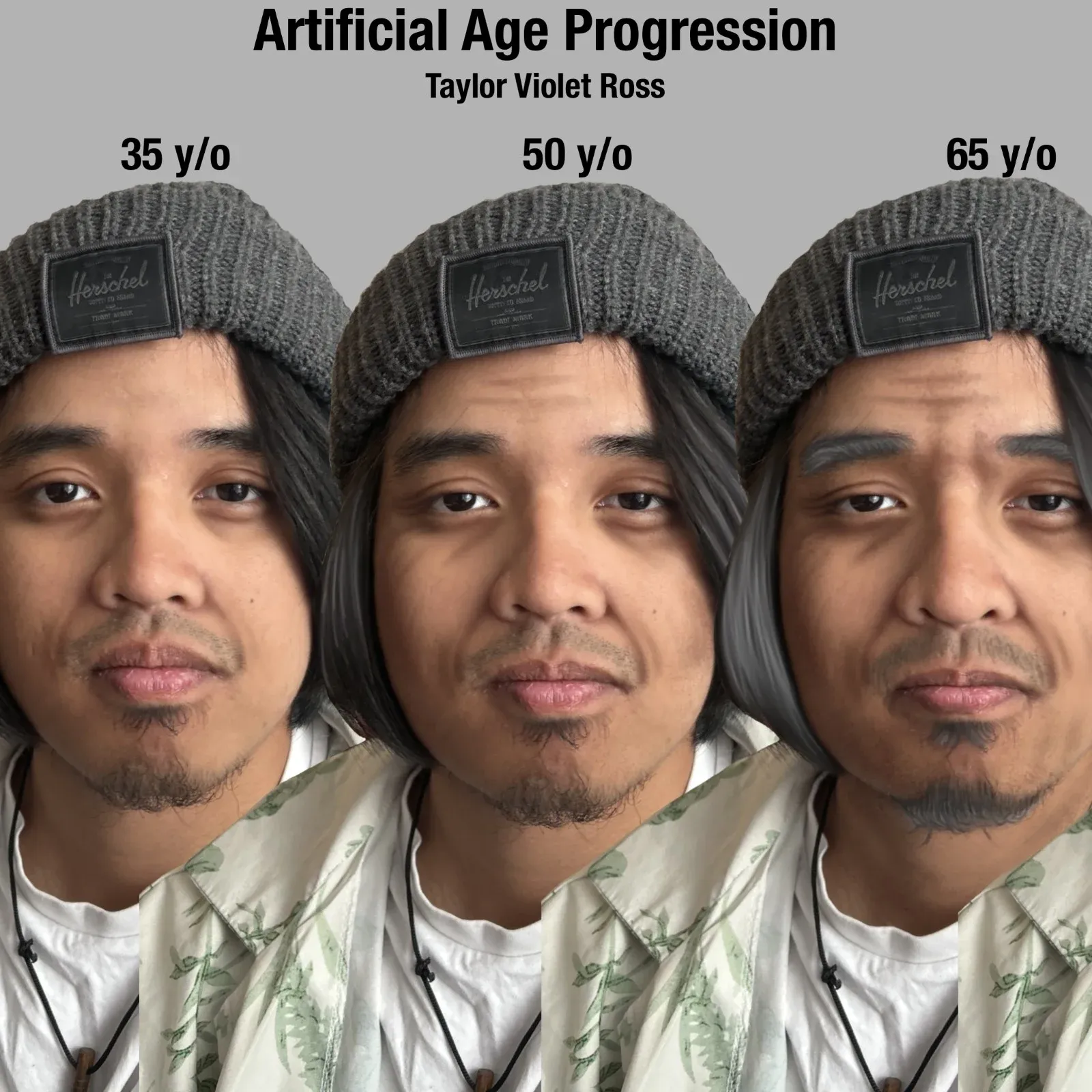 A man artificially aged up, with each illustration placed side by side to show the differences between the different ages.