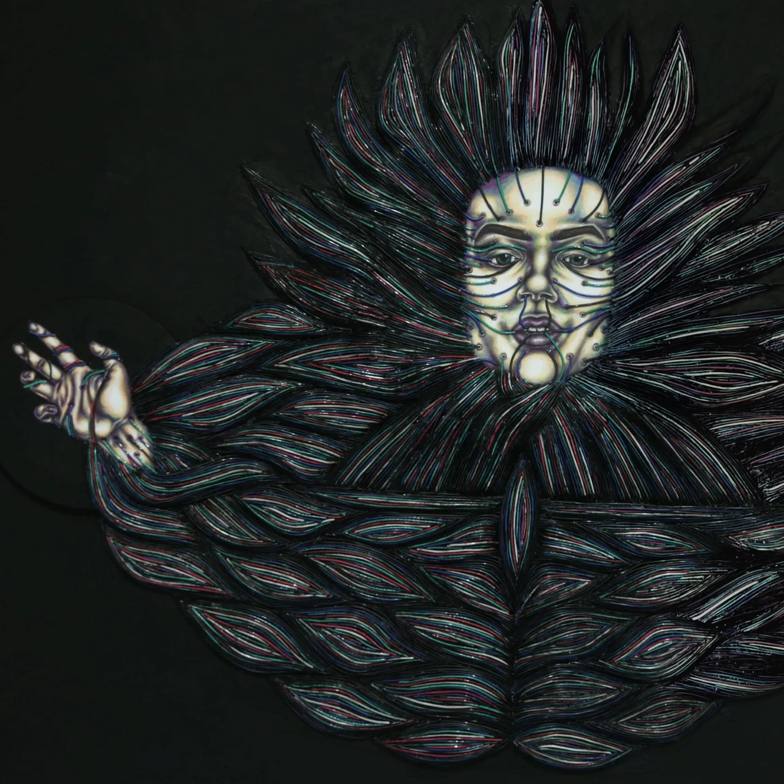 An image of a woman covered and restricted by wires resembling muscles