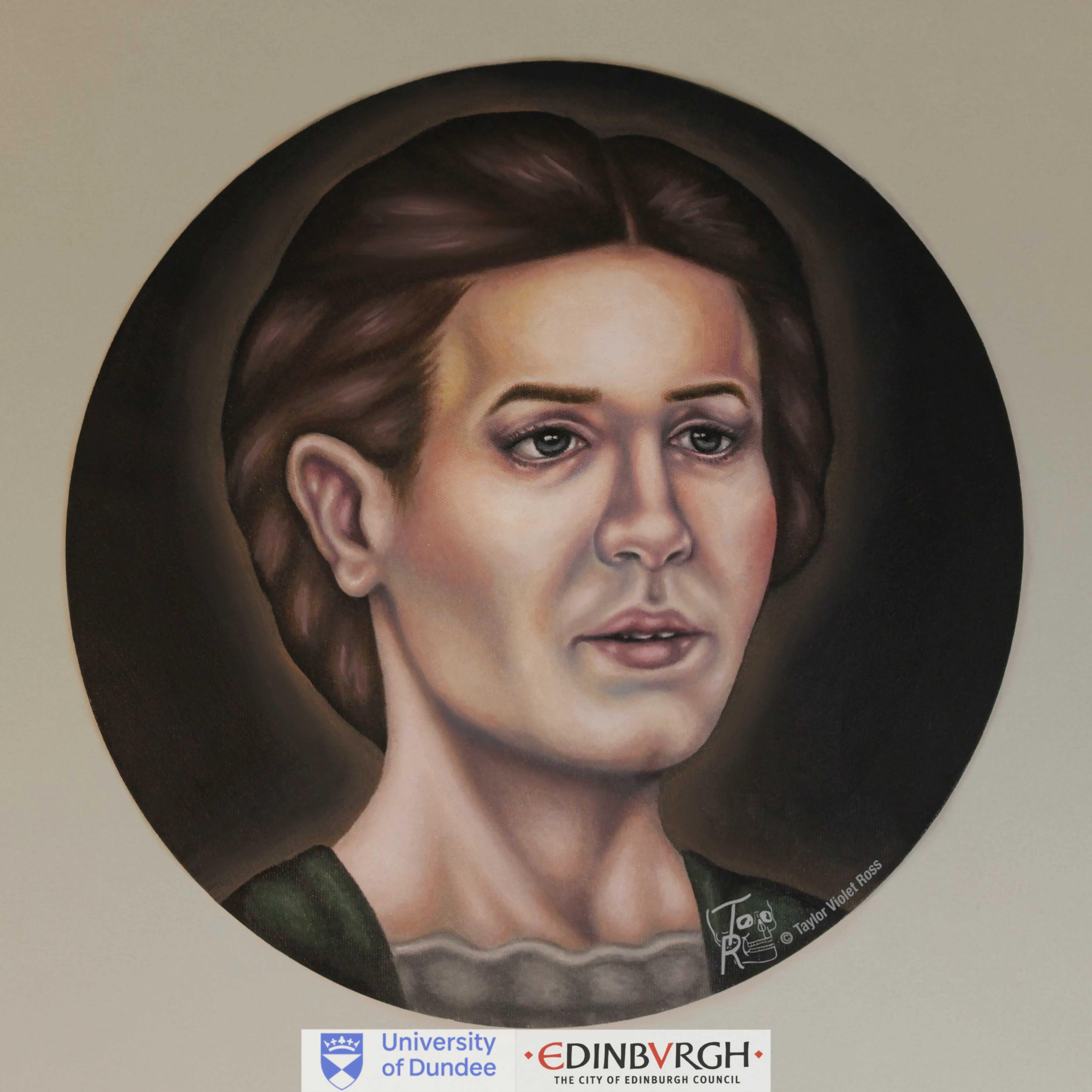 A physical painting containing an illustration of a woman approximated from a skull of a woman from Leith, Edinburgh.