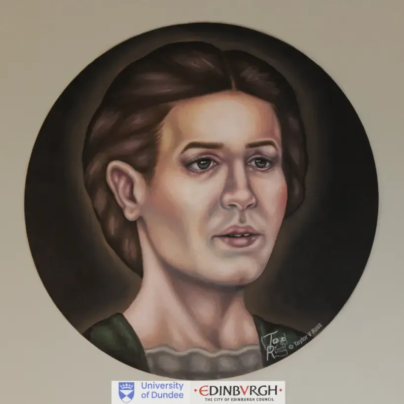 A physical painting containing an illustration of a woman approximated from a skull of a woman from Leith, Edinburgh.