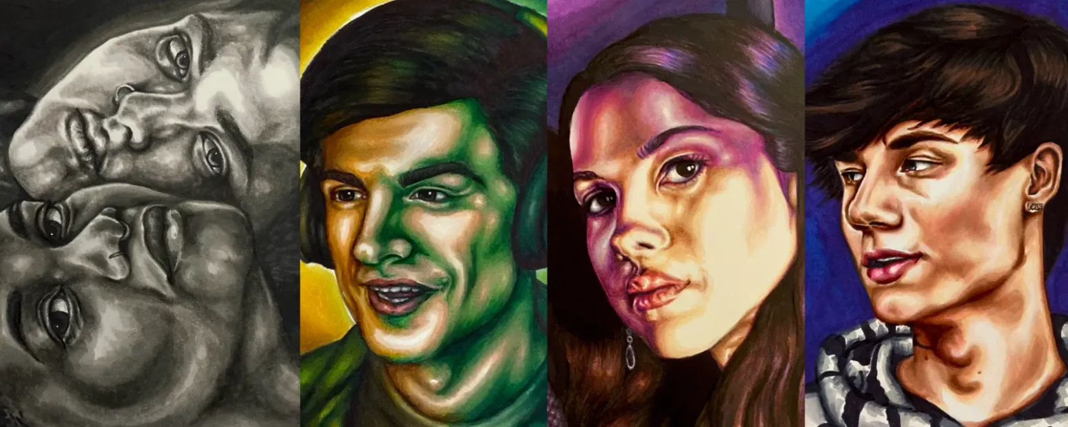 Collage of painted portraits with the text Commissions serving as a link to the page