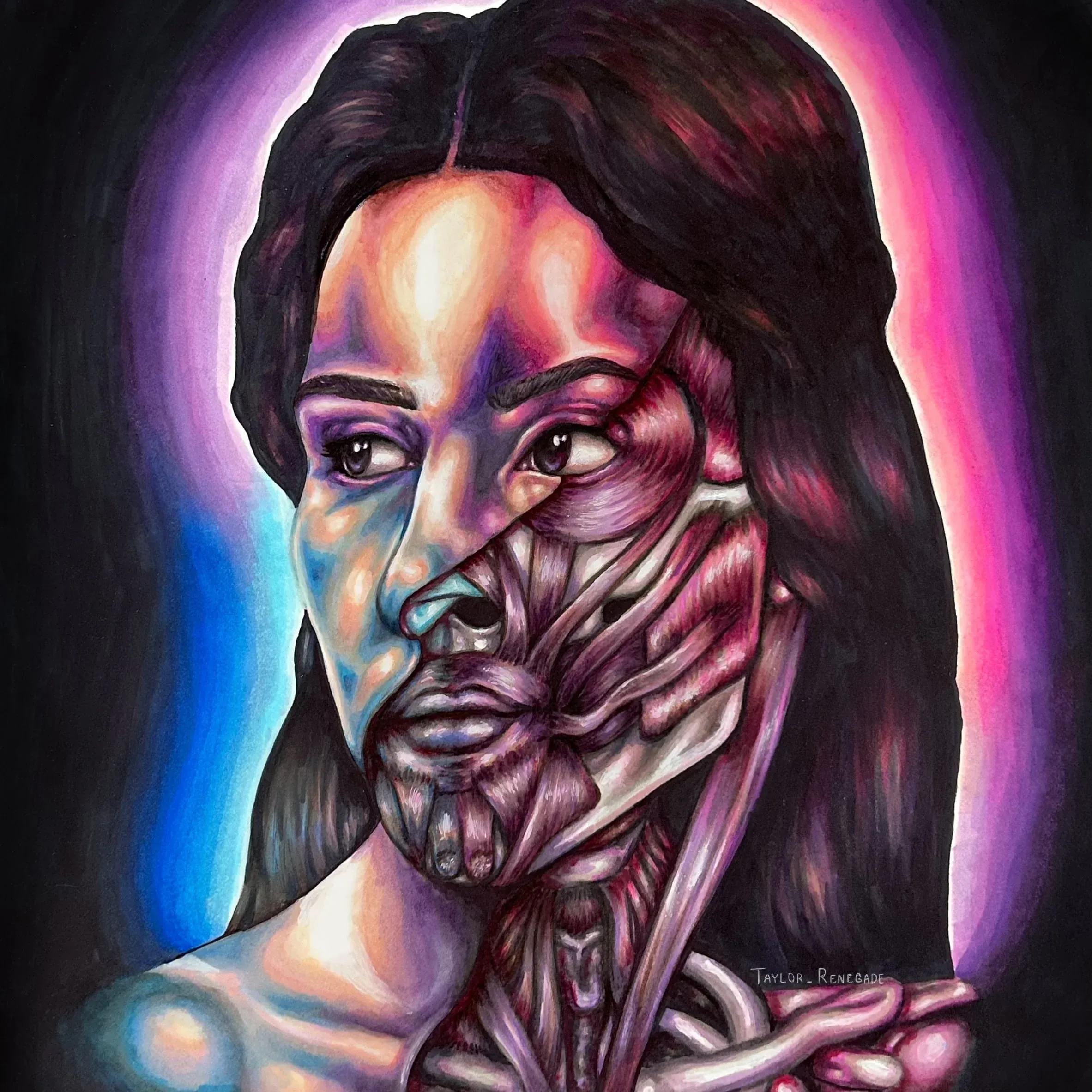 An image of a woman displaying the inner musculature structure on a section of her face