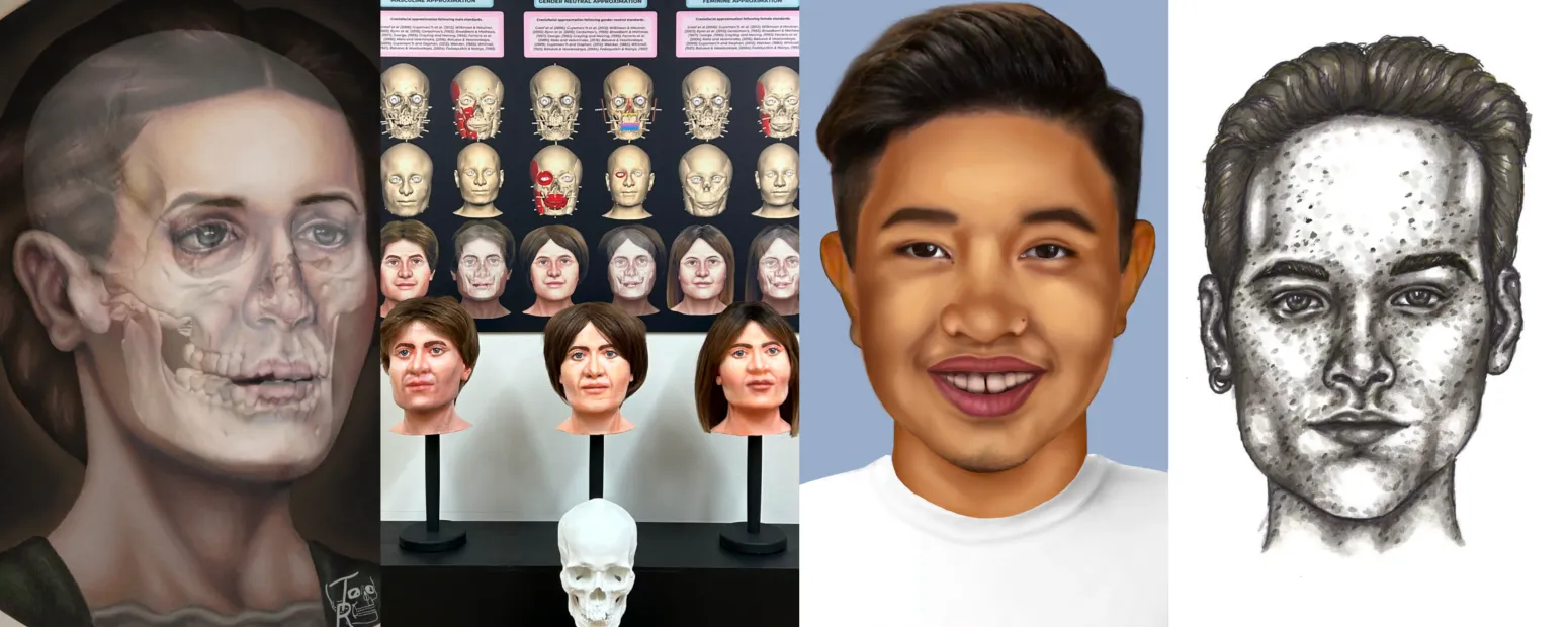 Collage of forensic art and projects with the text Forensic Art serving as a link to the page