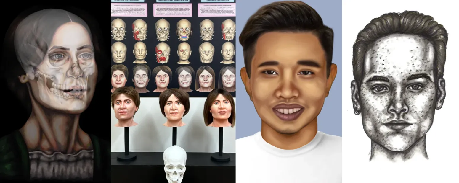 Collage of forensic art and projects with the text Forensic Art serving as a link to the page