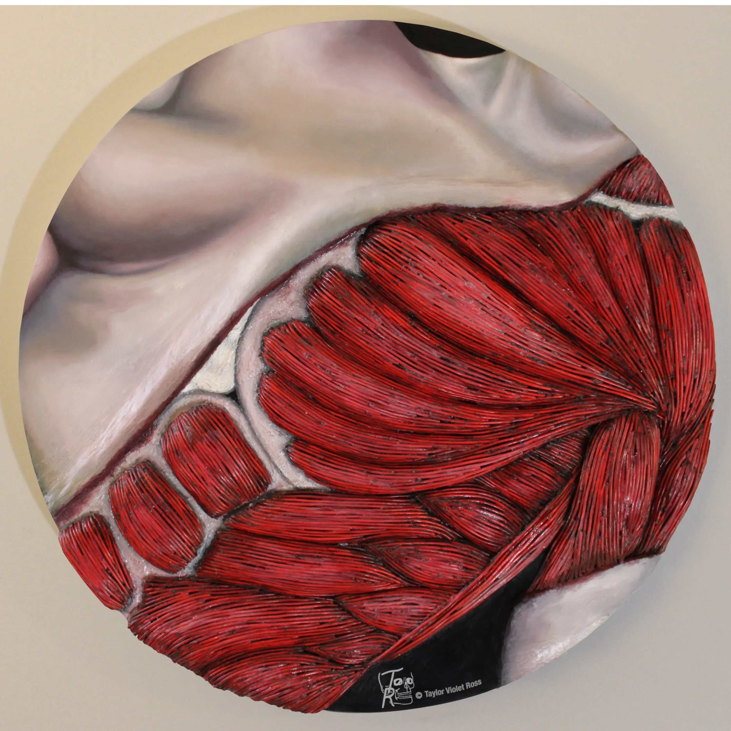 An image of a woman covered and restricted by wires resembling muscles