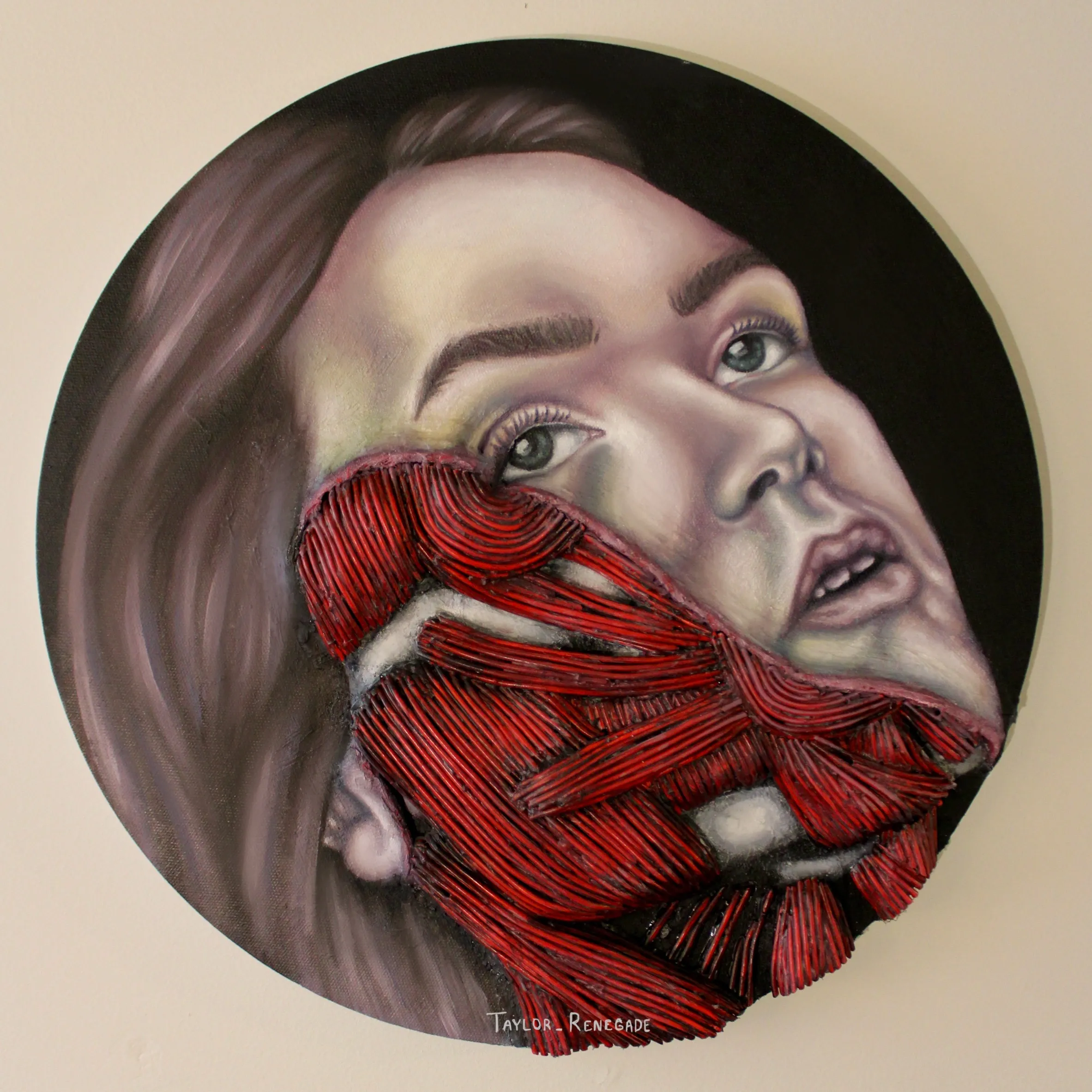 An image of a woman covered and restricted by wires resembling muscles