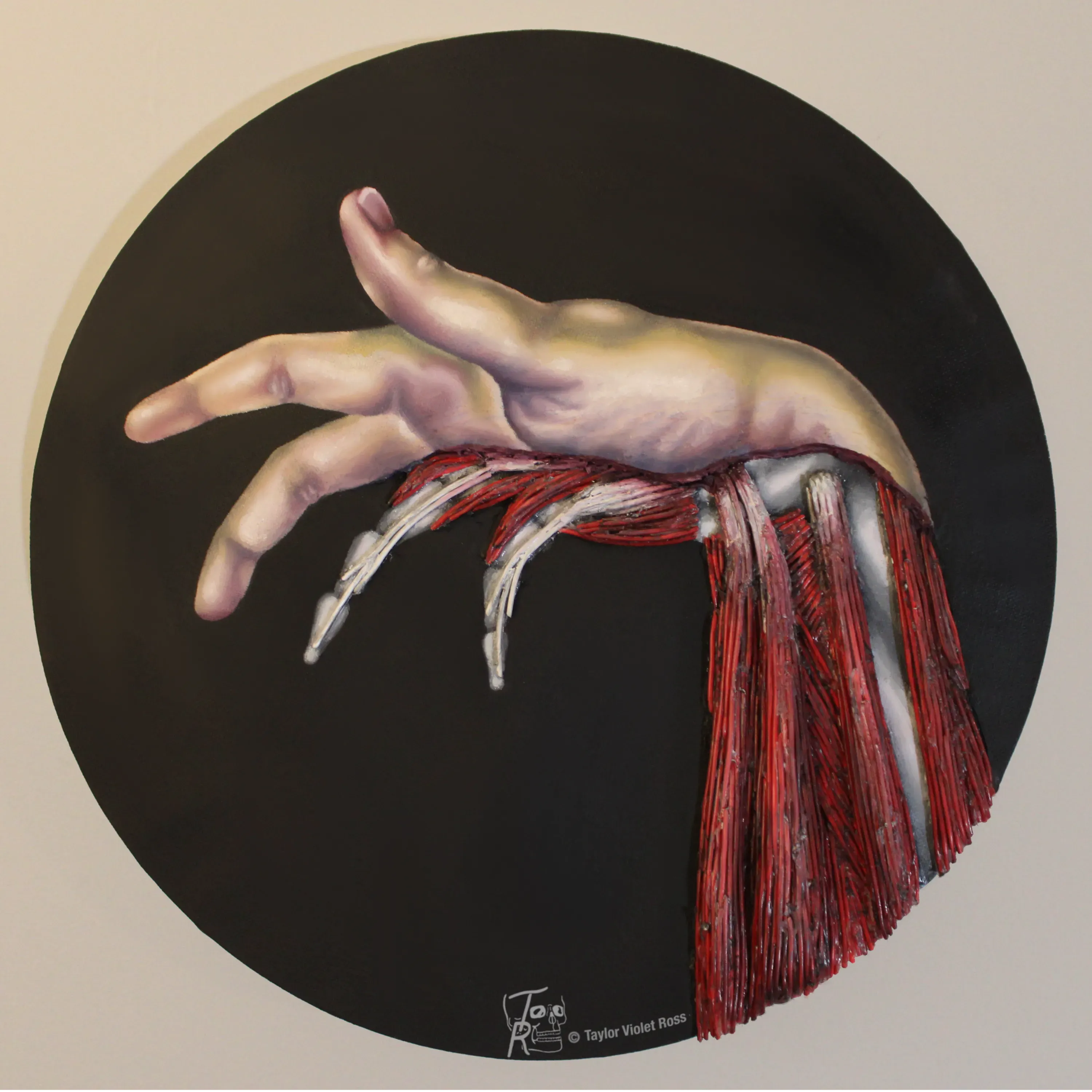 An image of a woman covered and restricted by wires resembling muscles